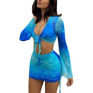 Sheseeworld Blue Ombre 2 Piece Skirt Set Tie‎ Front Long Sleeve Top Small